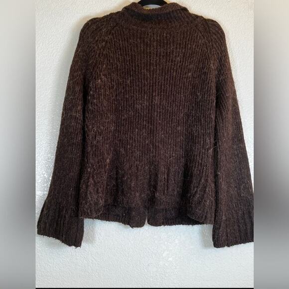 BCBG MAXAZRIA Cardigan Sweater Brown Chunky Knit Bell Sleeves Alpaca Blend Sz L‌ - Picture 2 of 8